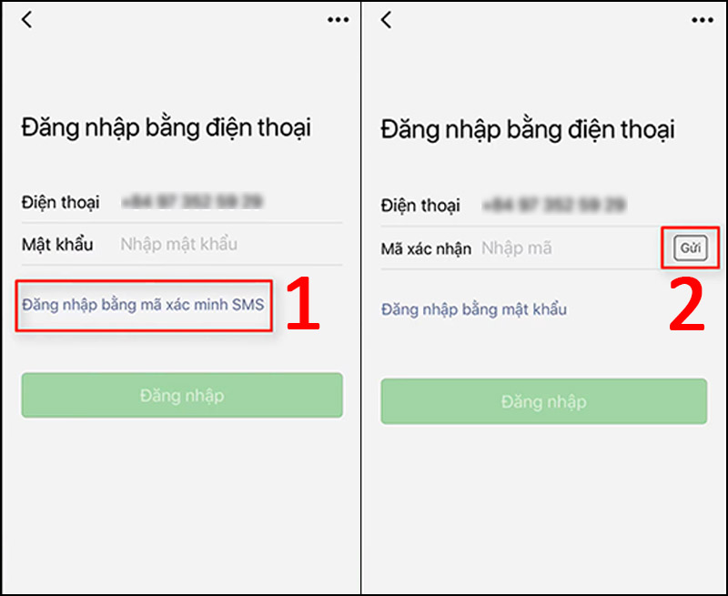  Chọn Đăng nhập bằng mã xác minh SMS > Chọn Gửi.